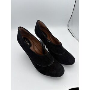 Clarks Shoes Womens Size 9.5 Black Suede Zip Cone Heel Dress Pumps Artisan
